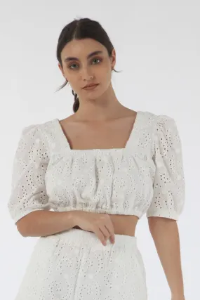 Double Second White Broderie Crop Top With Lace Up Back