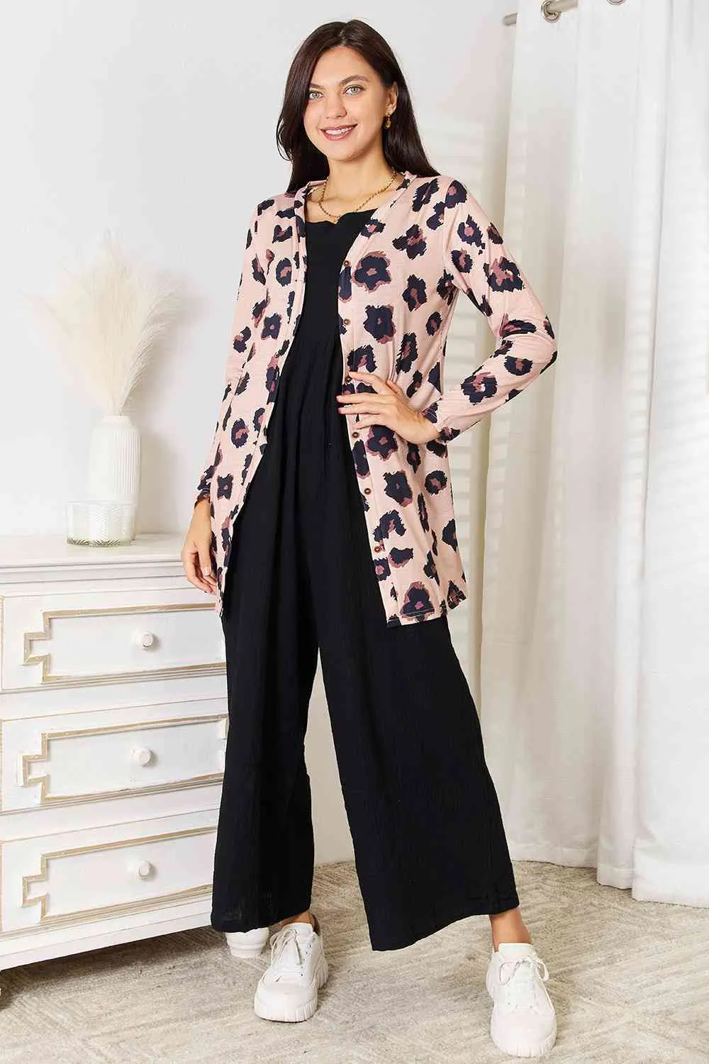 Double Take Printed Button Front Longline Cardigan