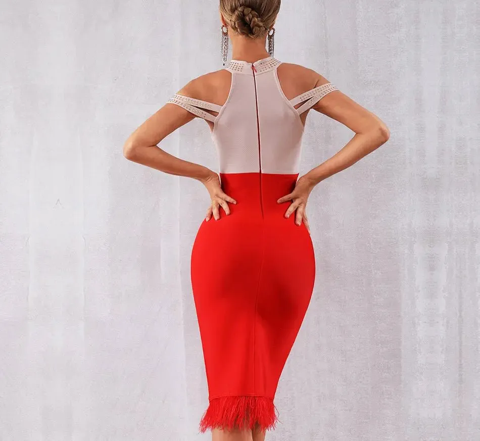 Elegant Off Shoulder Feather Bodycon Beading Dress