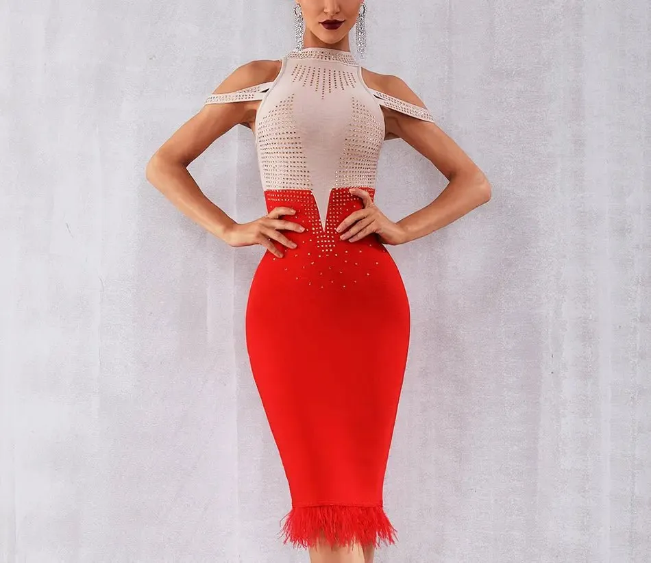 Elegant Off Shoulder Feather Bodycon Beading Dress