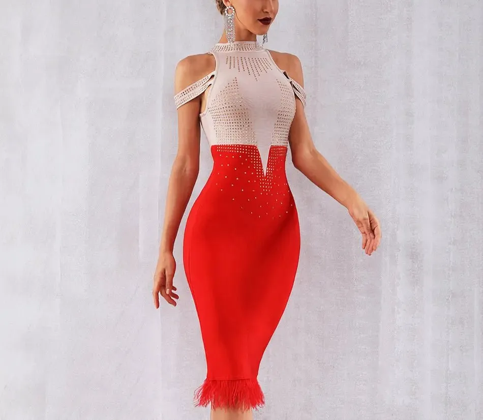 Elegant Off Shoulder Feather Bodycon Beading Dress