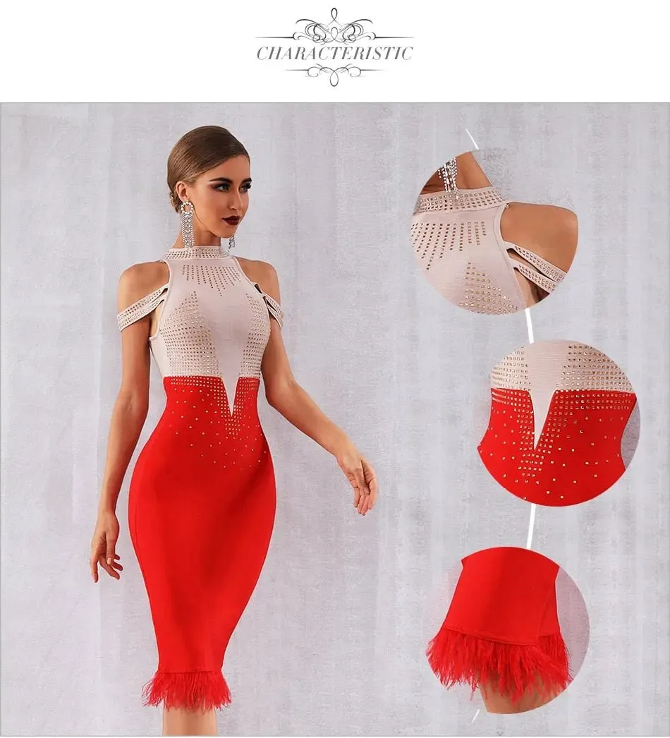 Elegant Off Shoulder Feather Bodycon Beading Dress