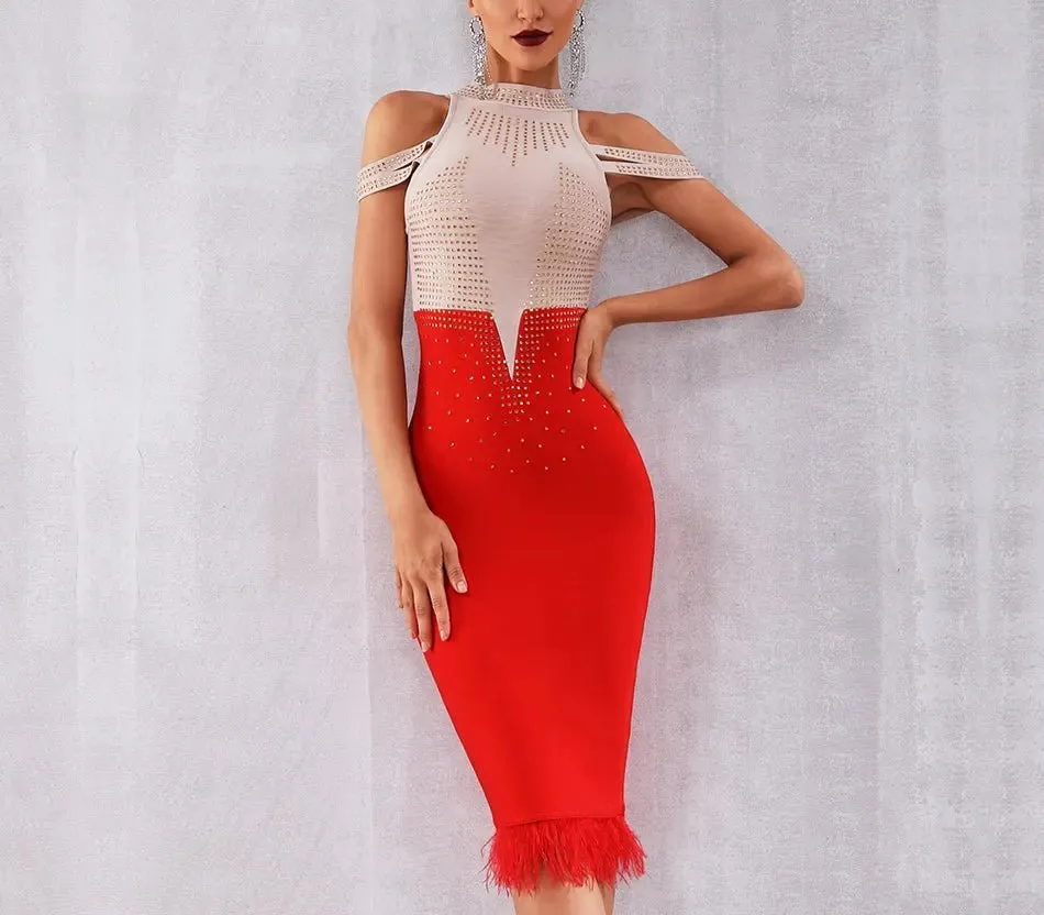 Elegant Off Shoulder Feather Bodycon Beading Dress