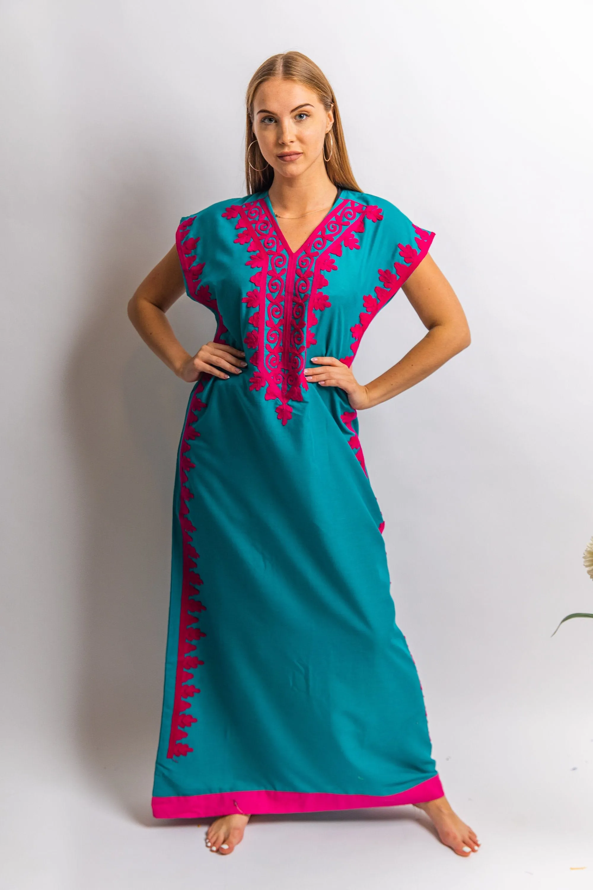 Elegant teal green evening maxi dress, Bohemian Kaftan. Summer night out, Elegant evening gown, classy dinner Kaftan,  Egyptian cotton.