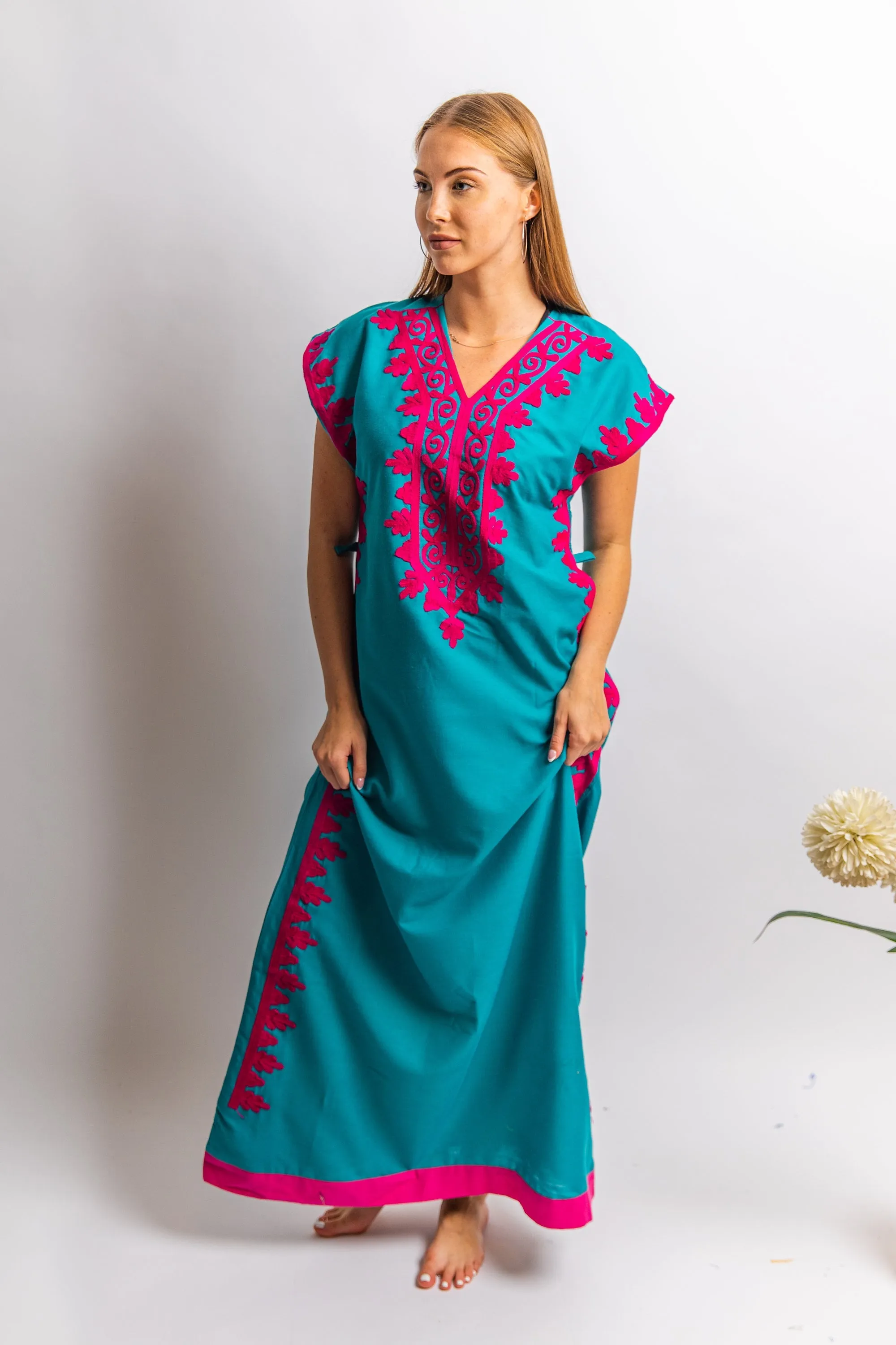 Elegant teal green evening maxi dress, Bohemian Kaftan. Summer night out, Elegant evening gown, classy dinner Kaftan,  Egyptian cotton.