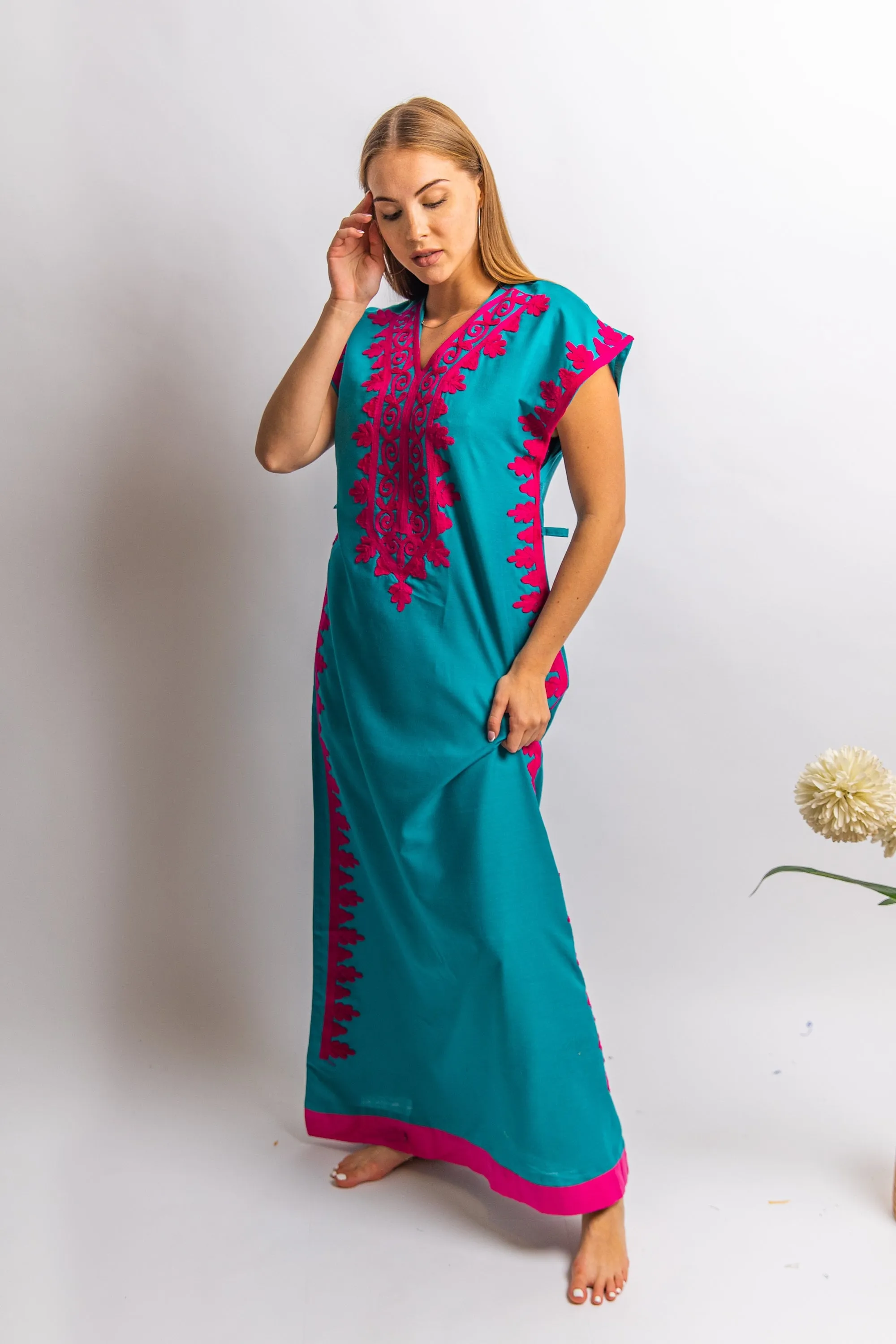 Elegant teal green evening maxi dress, Bohemian Kaftan. Summer night out, Elegant evening gown, classy dinner Kaftan,  Egyptian cotton.