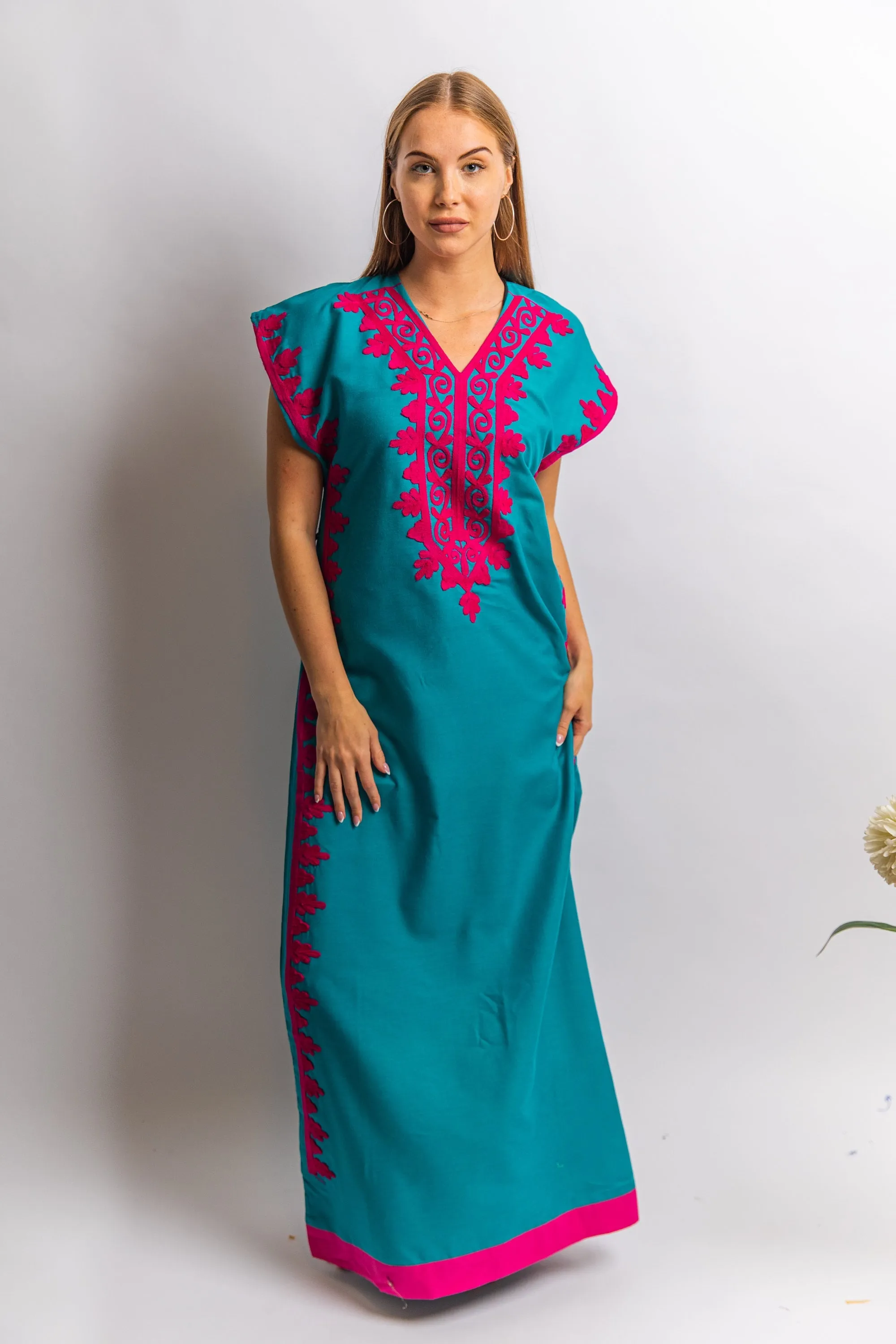 Elegant teal green evening maxi dress, Bohemian Kaftan. Summer night out, Elegant evening gown, classy dinner Kaftan,  Egyptian cotton.