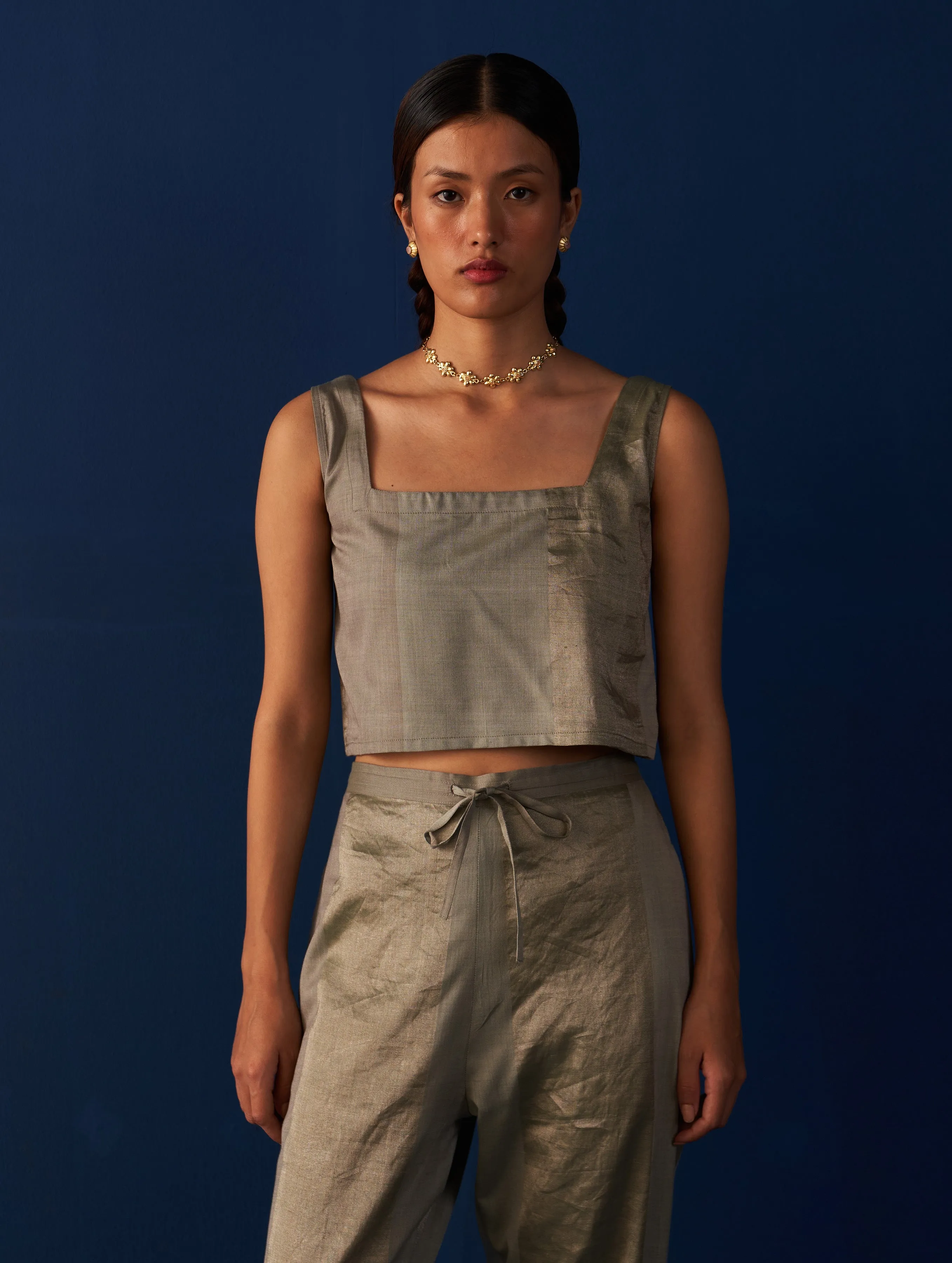 Fasha Silk Crop Top - Sage Grey