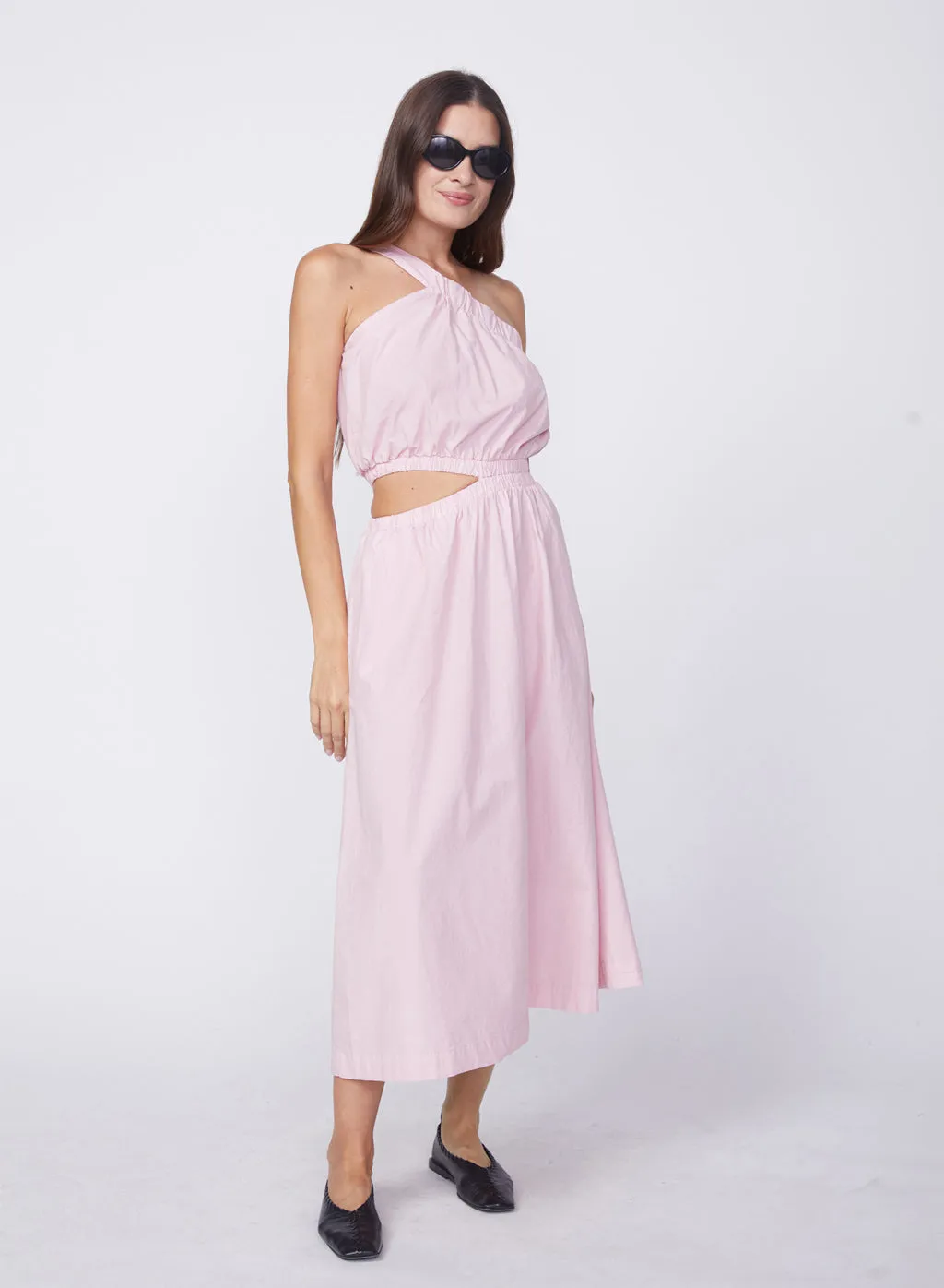 Fine Poplin One-Shoulder Midi Dress in Lipstick