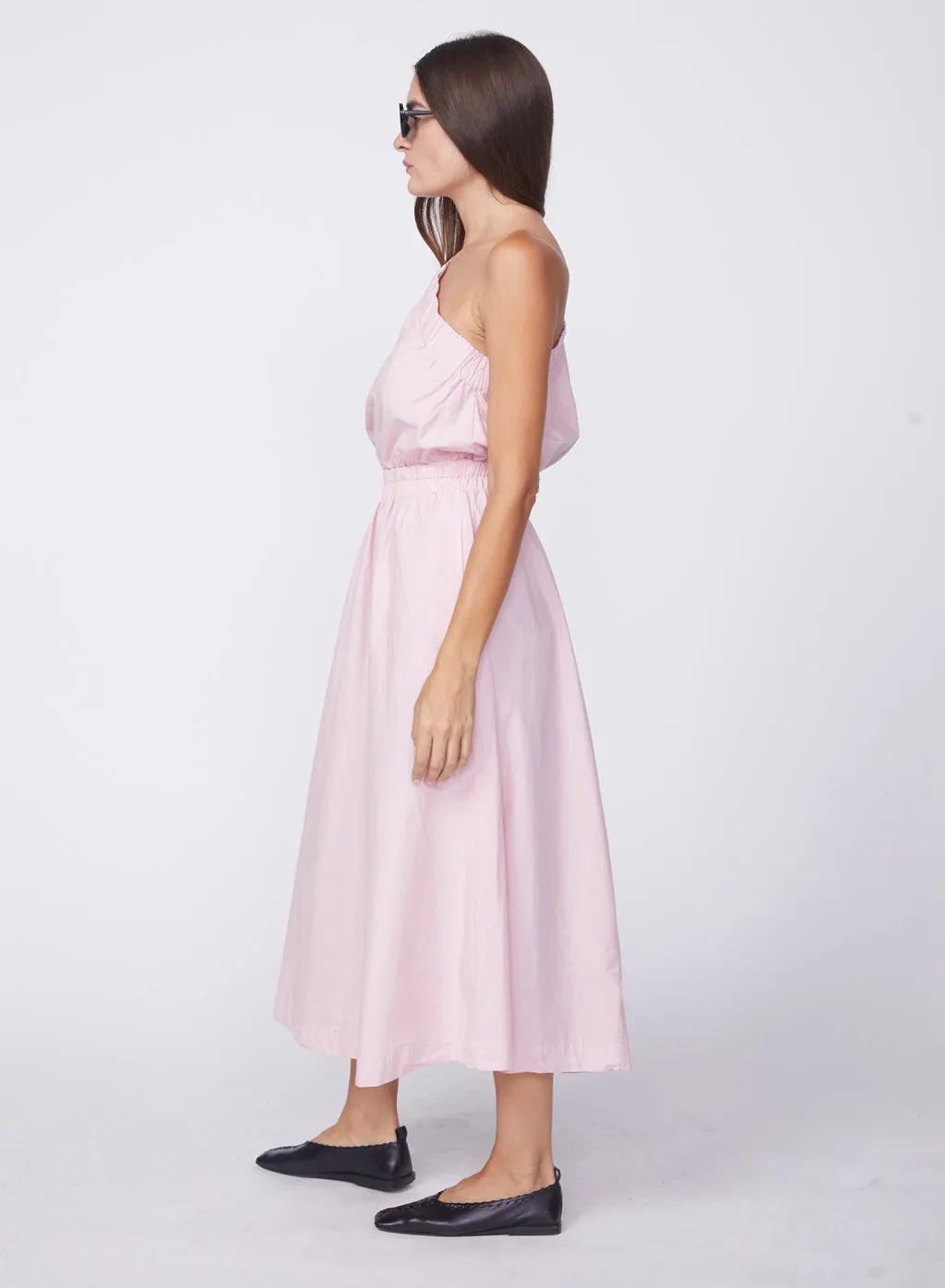 Fine Poplin One-Shoulder Midi Dress in Lipstick