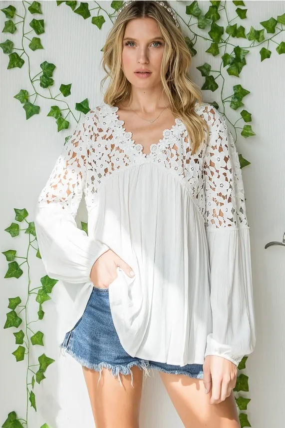 Floral Crochet Balloon Sleeve Top