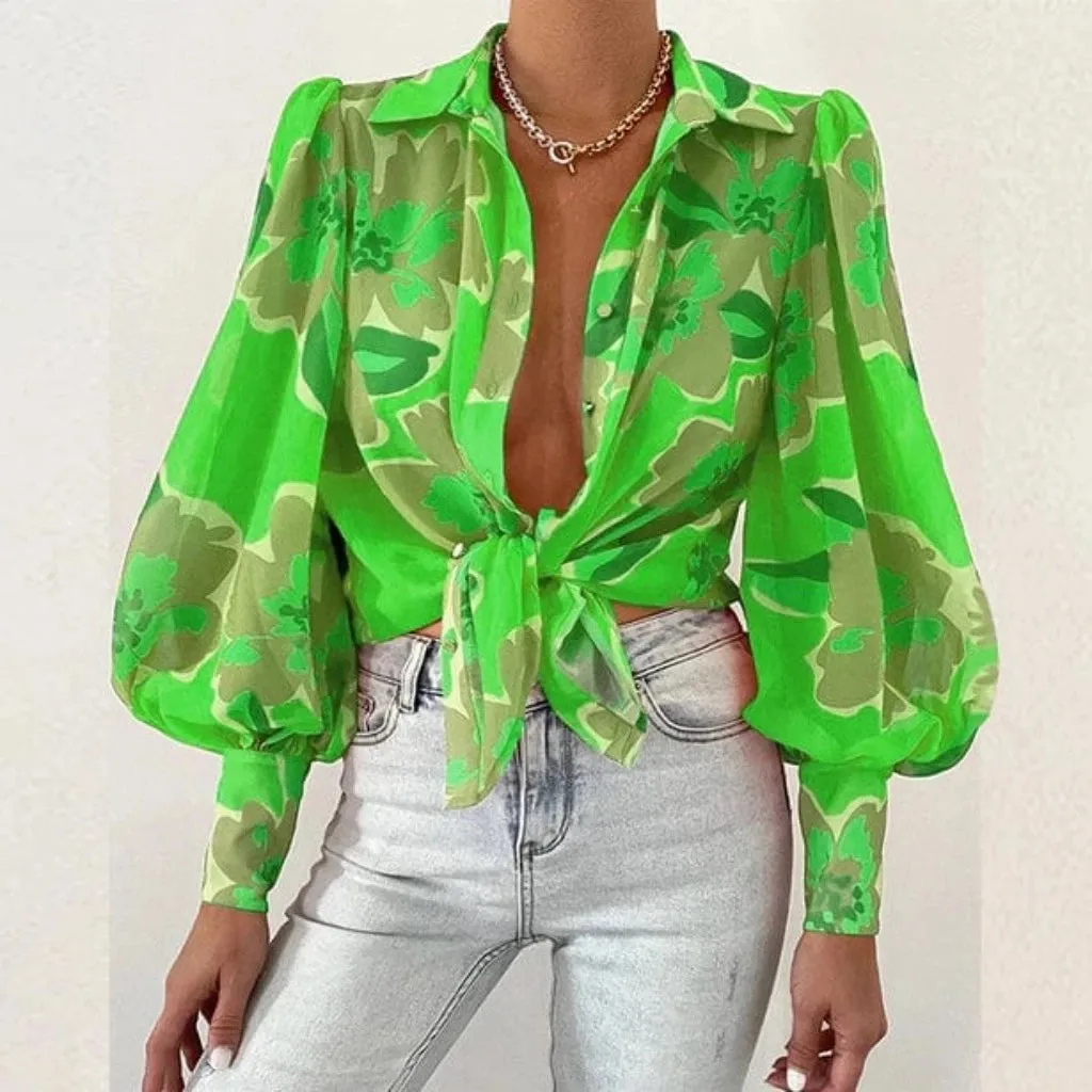 Floral Long Puff Sleeves Women's Shirt