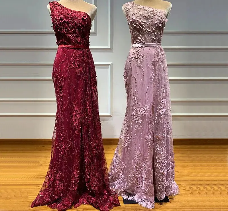 Flowers Pearls One-Shoulder Evening Gowns 2020