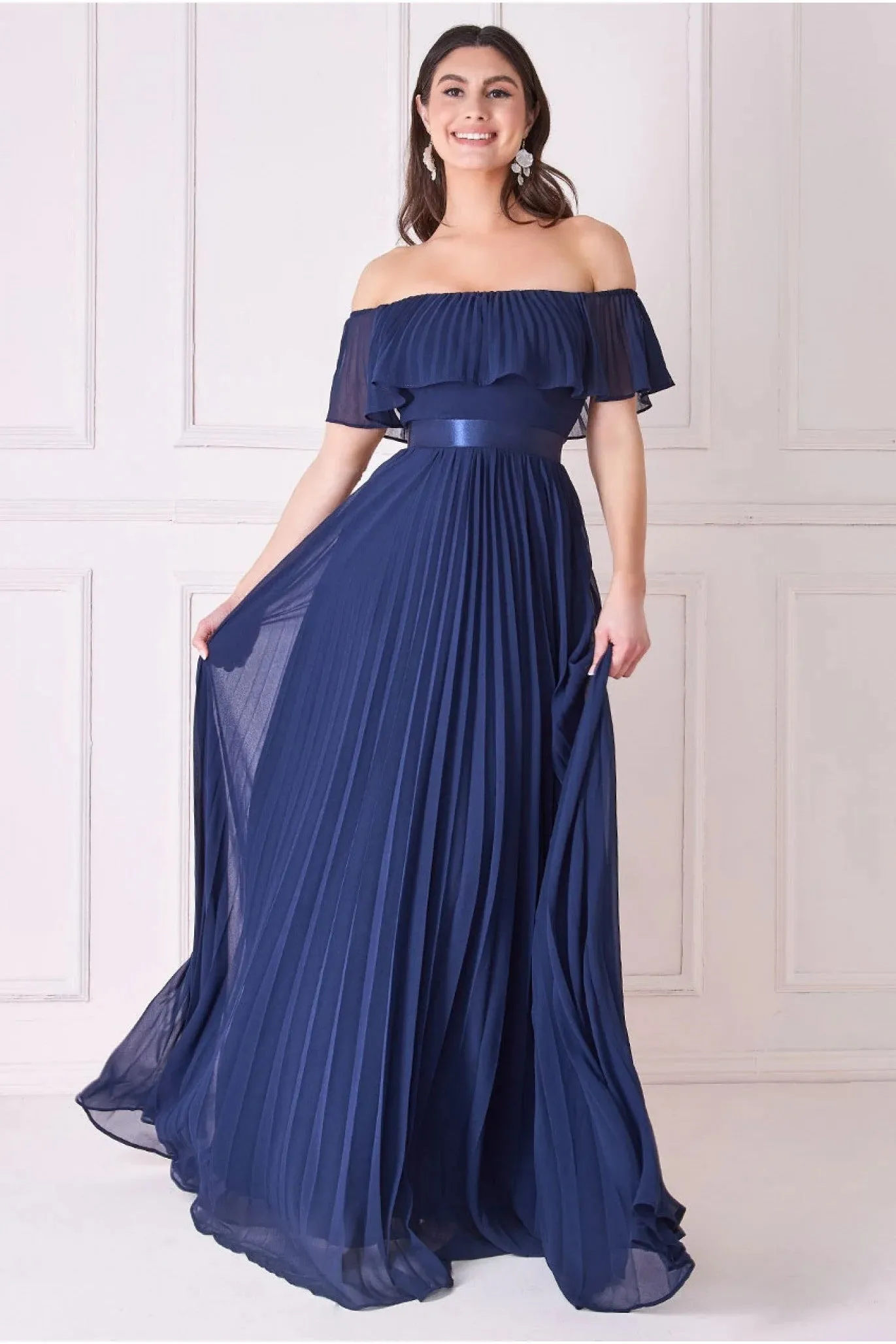 Goddiva Pleated Chiffon Off Shoulder Maxi Dress