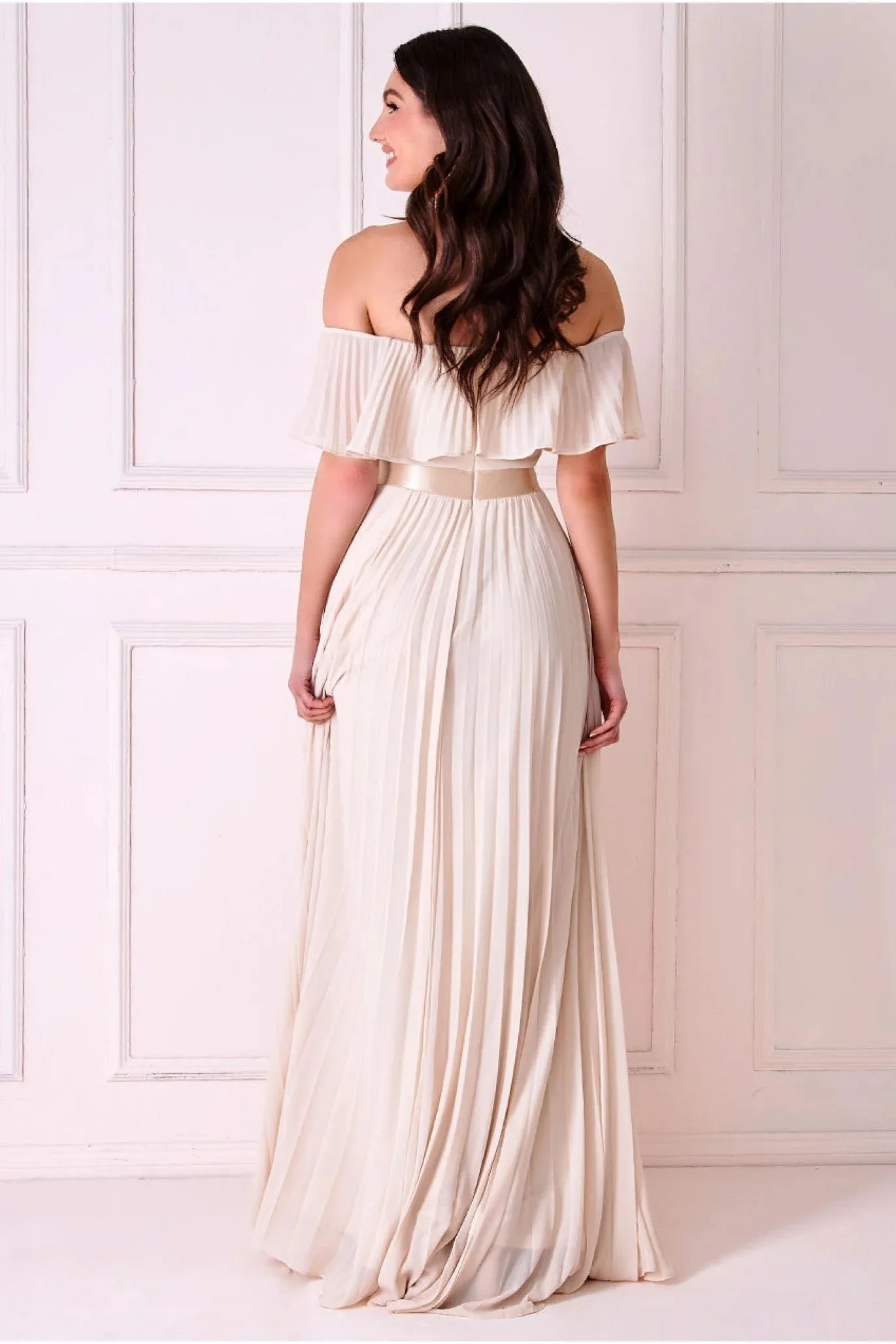 Goddiva Pleated Chiffon Off Shoulder Maxi Dress