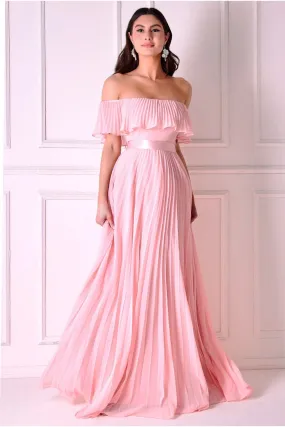 Goddiva Pleated Chiffon Off Shoulder Maxi Dress