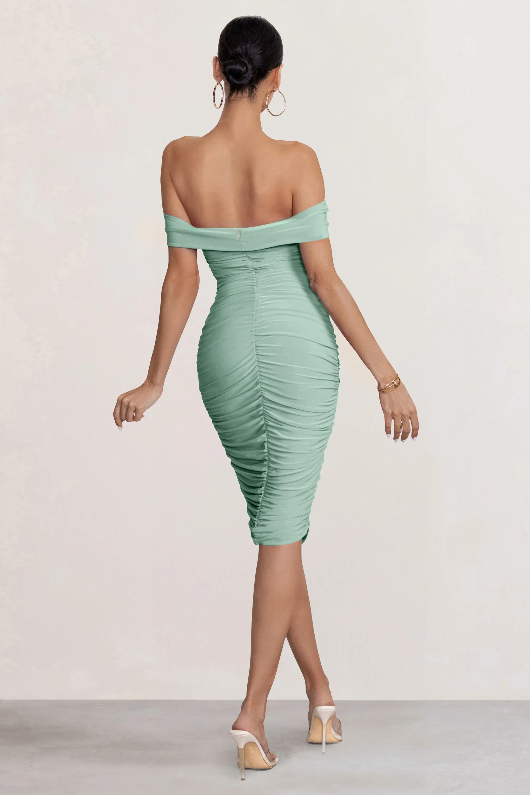 Gratitude | Sage Off The Shoulder Ruched Midi Dress