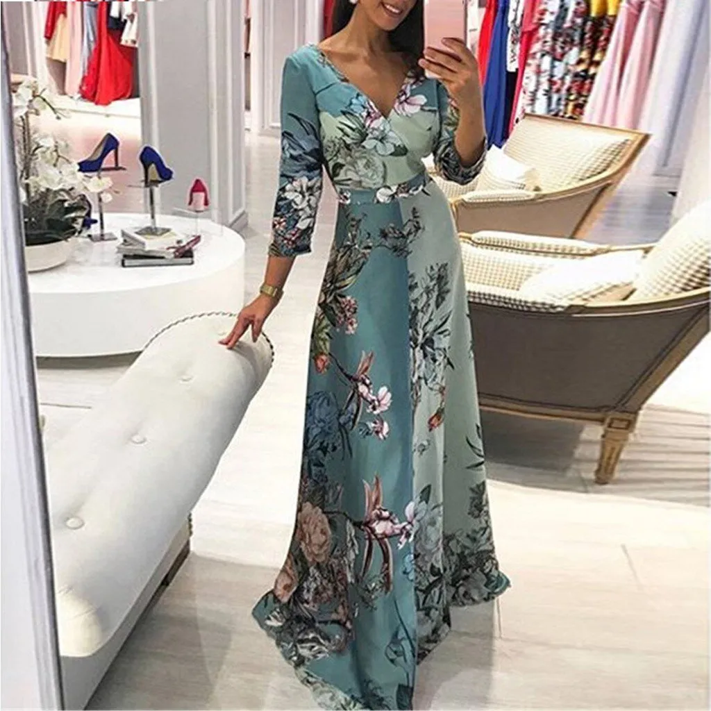 Half Sleeve V Neck Long Dress