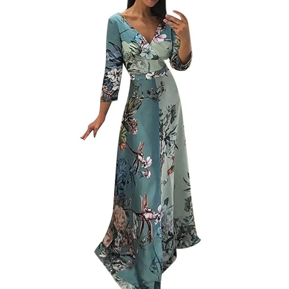 Half Sleeve V Neck Long Dress