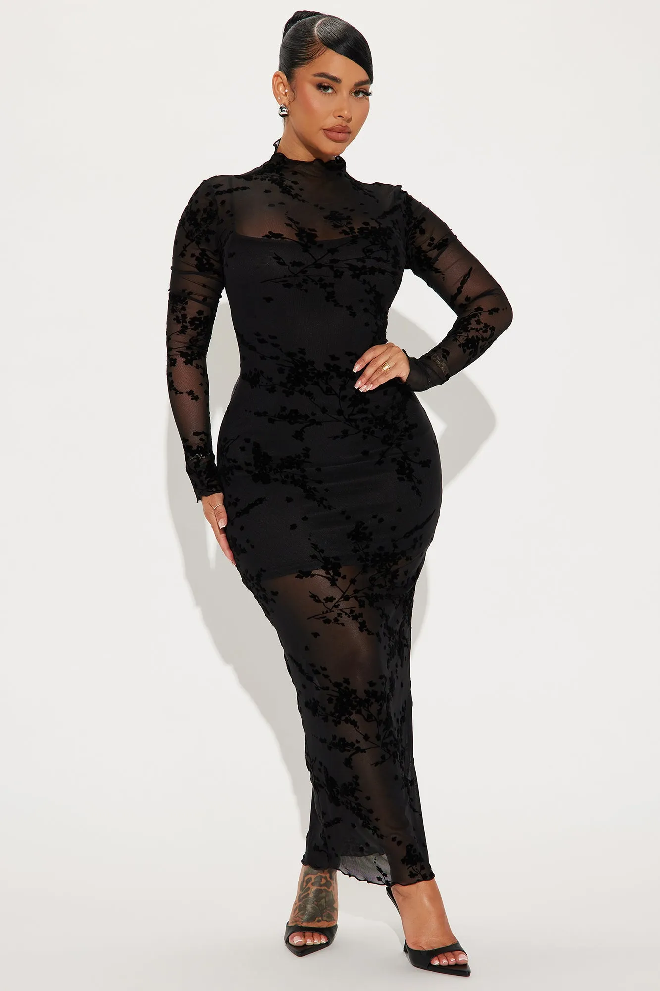 In Full Bloom Mesh Maxi Dress - Black