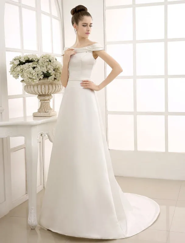 Ivory A-Line Sweep Bridal Wedding Dress With Off-The-Shoulder Ruffles Exclusive