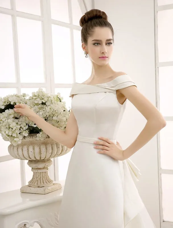 Ivory A-Line Sweep Bridal Wedding Dress With Off-The-Shoulder Ruffles Exclusive