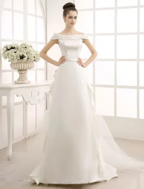 Ivory A-Line Sweep Bridal Wedding Dress With Off-The-Shoulder Ruffles Exclusive