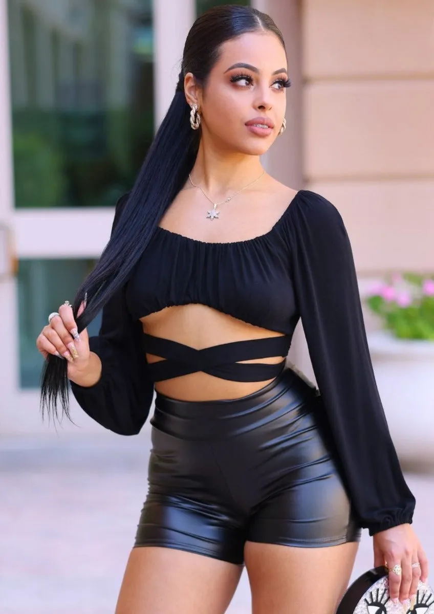 Jazz Puffy Long Sleeve Waist Tie Black Crop Top