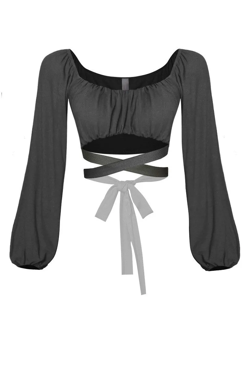 Jazz Puffy Long Sleeve Waist Tie Black Crop Top