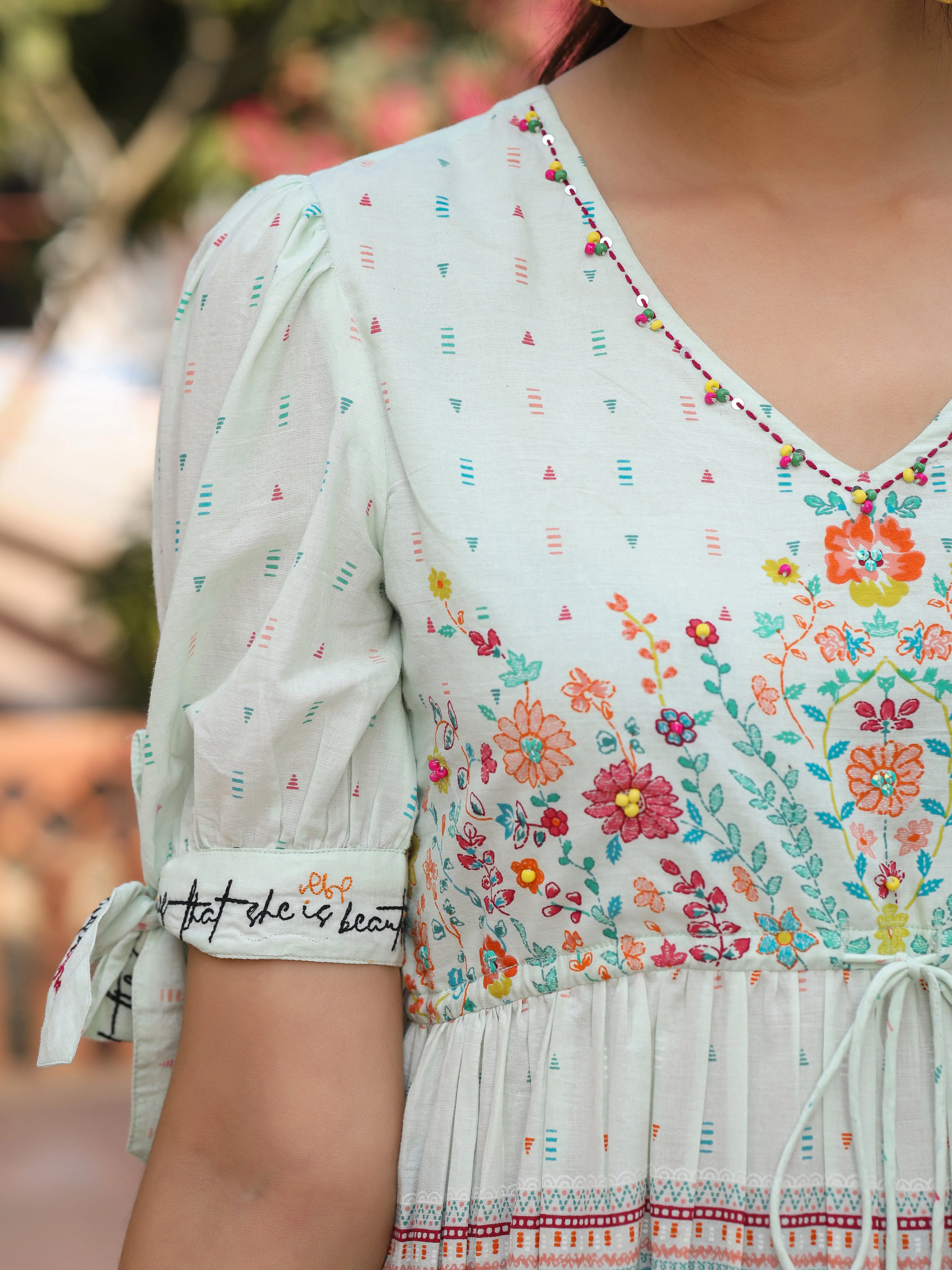 Juniper Mint Wonderland Pure Cotton Floral Printed Maxi Dress With Beads Tassels Kantha & Contrast 3D Work