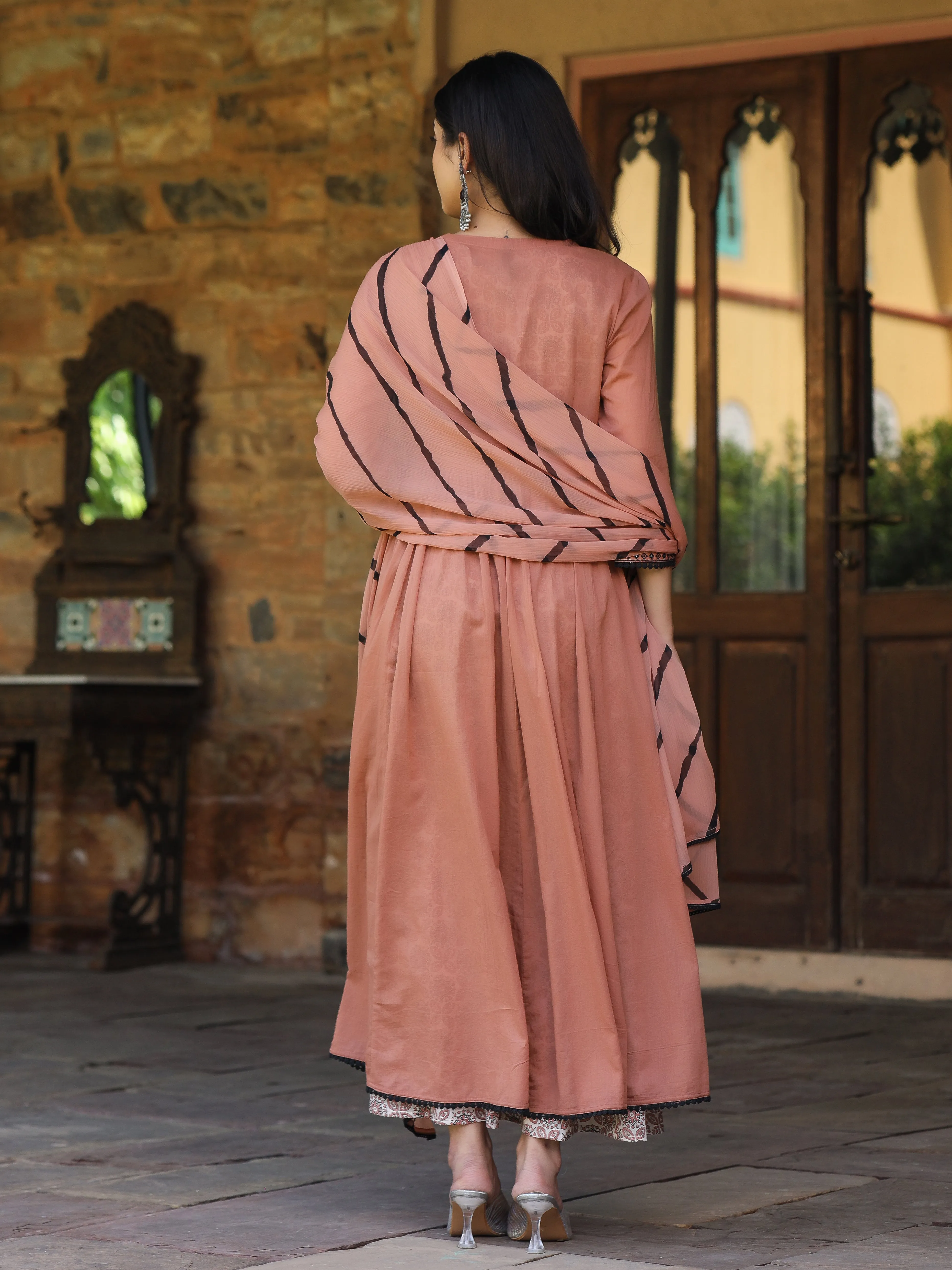 Juniper Onion Pink & Black Cotton  Embroidered Anarkali Dress With Jacket & Tie-Dye Dupatta