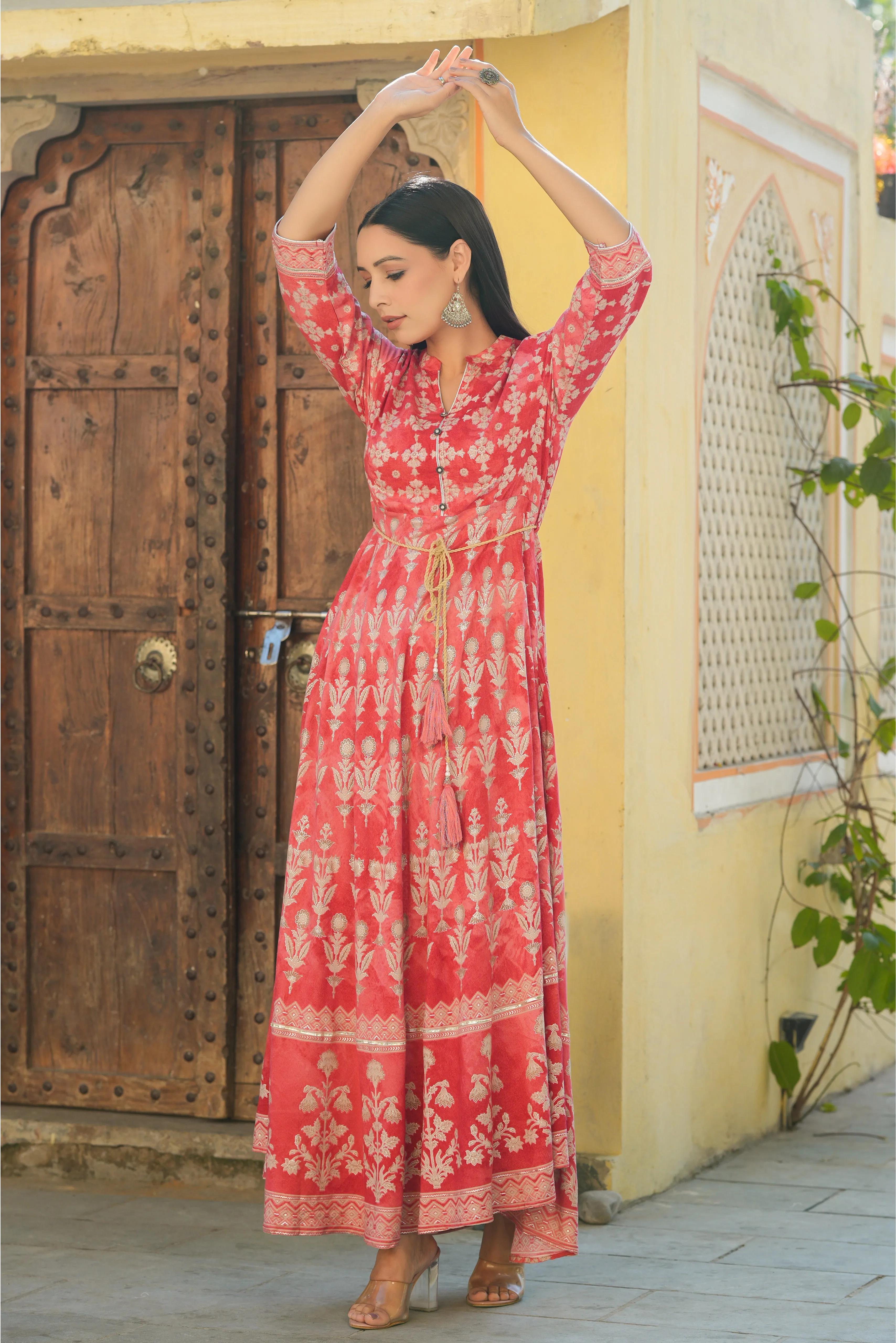 Juniper Peach Floral Printed Rayon Flared Maxi Dress.