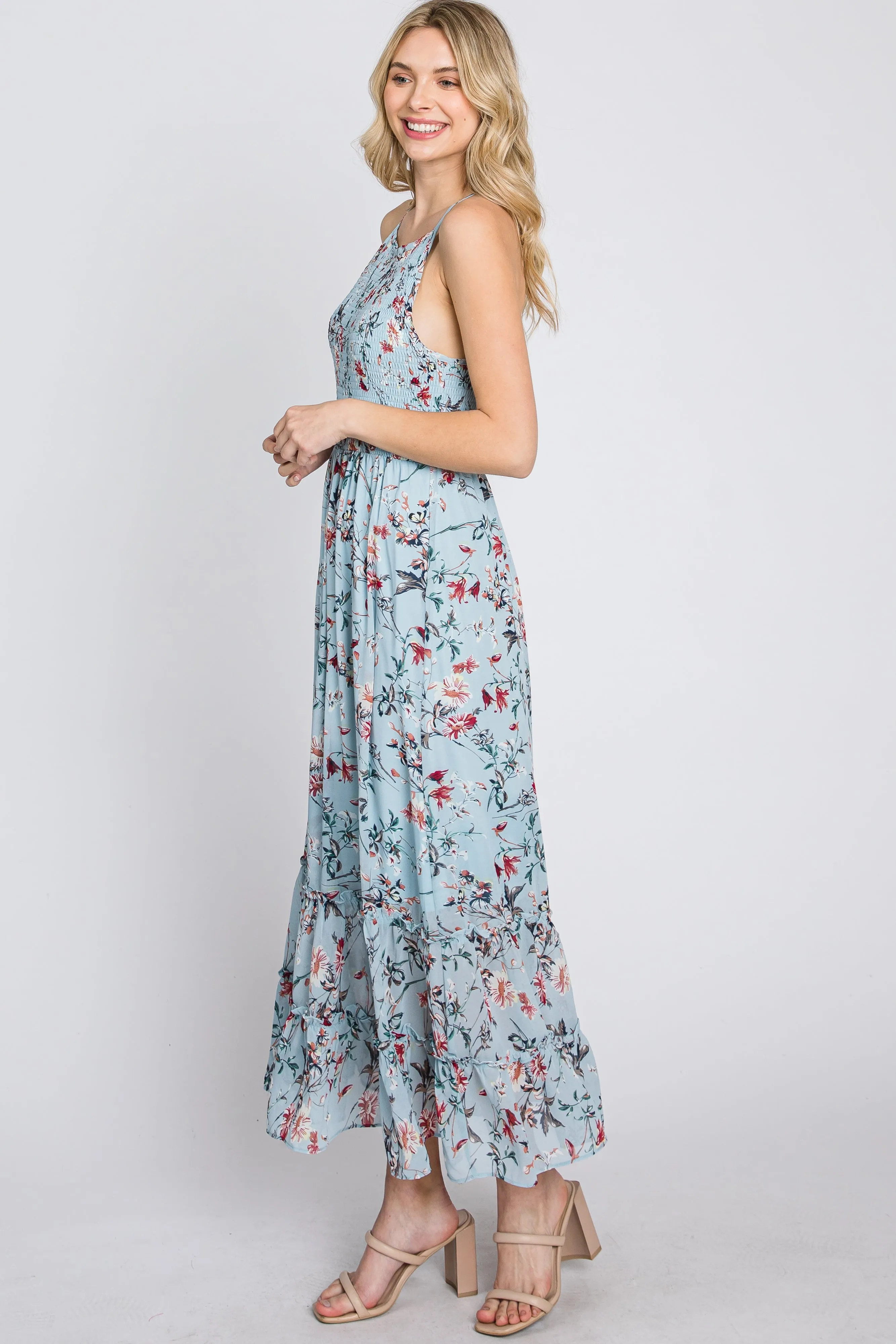 Light Blue Floral Chiffon Smocked Midi Dress