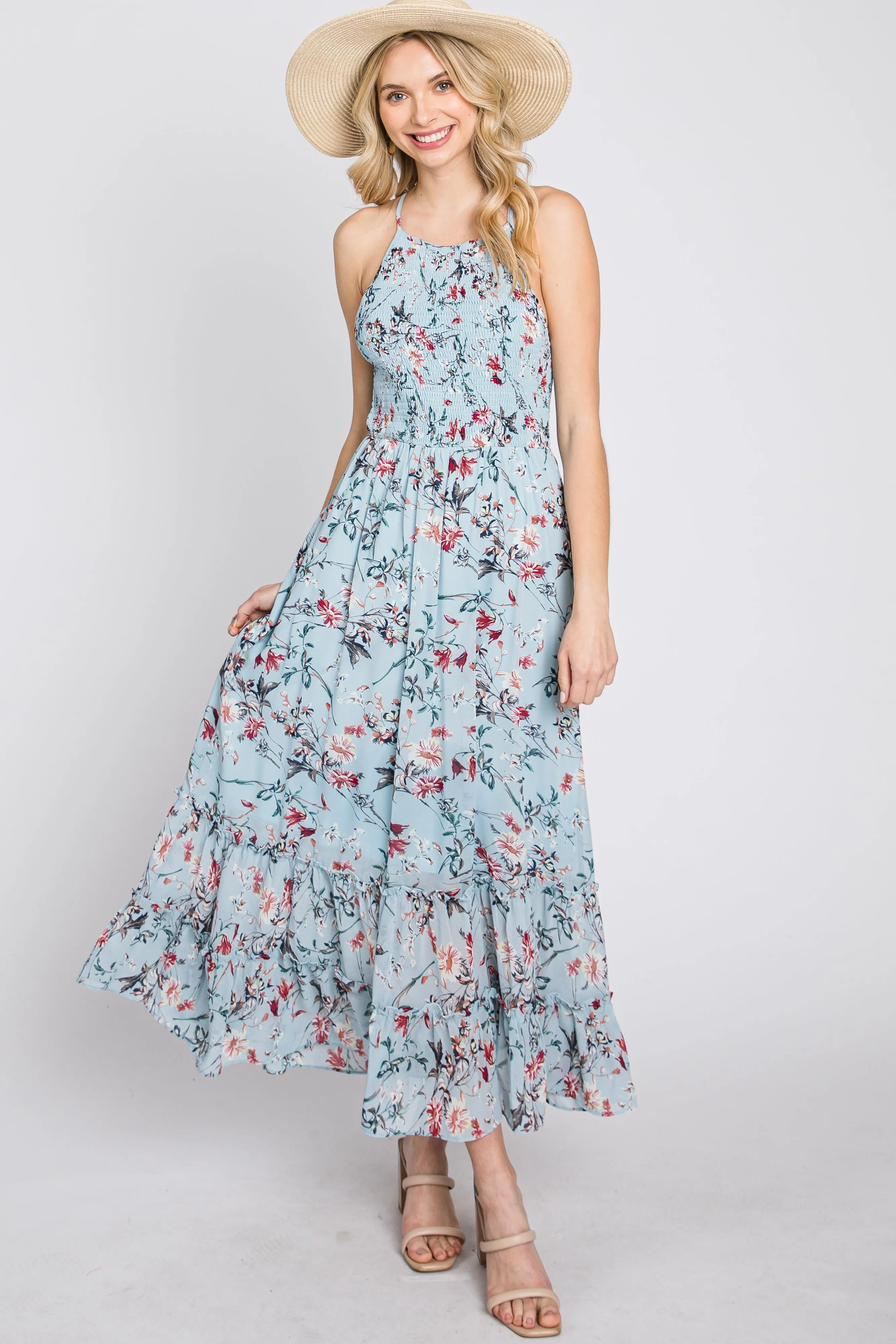 Light Blue Floral Chiffon Smocked Midi Dress