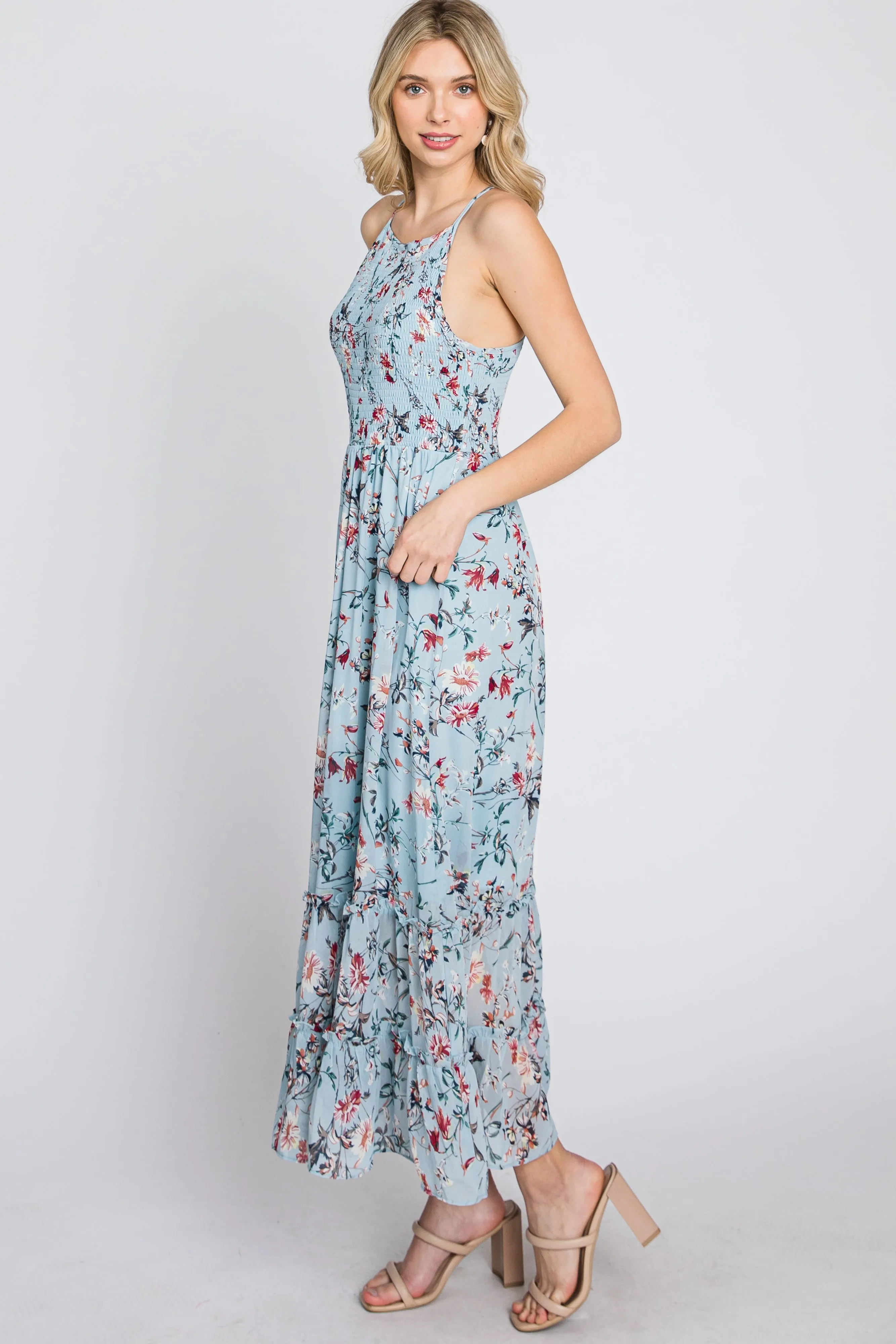 Light Blue Floral Chiffon Smocked Midi Dress