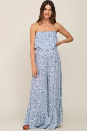 Light Blue Paisley Ruffle Strapless Maternity Jumpsuit