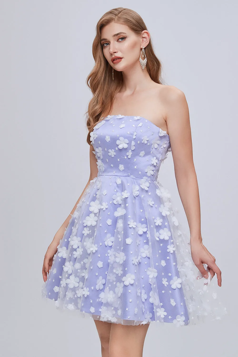 Lilac Strapless A Line Lace Appliques Short Homecoming Dresses