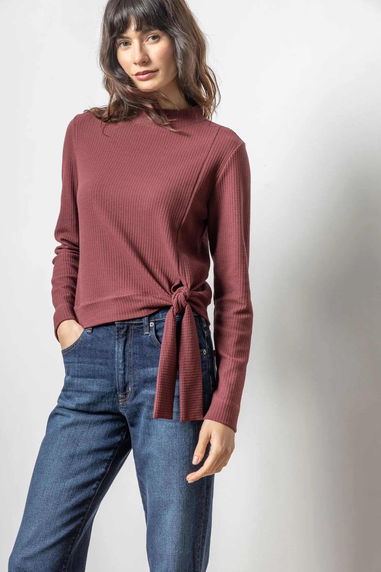 Lilla P Tie Waist Mock Neck Top in Port