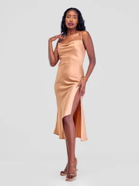 Lola Satin Slip Dress With Side Buttons - Tan