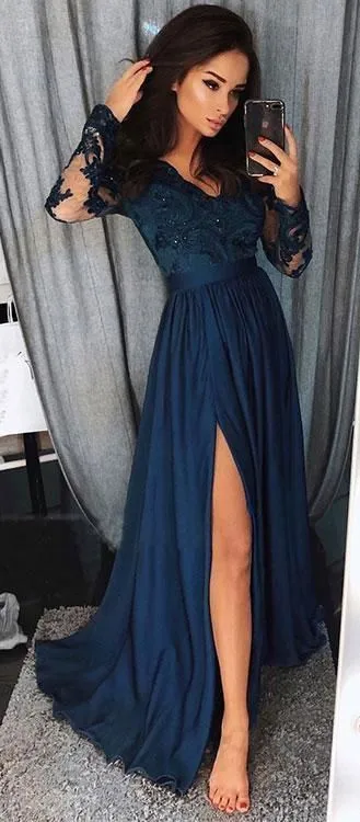 Long Sleeves Prom Dress Slit Skirt, Ball Gown, Sweet 16 Dress, Winter Formal Dress, Pageant Dance Dresses, Graduation School Party Gown, PC0057