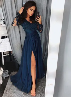 Long Sleeves Prom Dress Slit Skirt, Ball Gown, Sweet 16 Dress, Winter Formal Dress, Pageant Dance Dresses, Graduation School Party Gown, PC0057