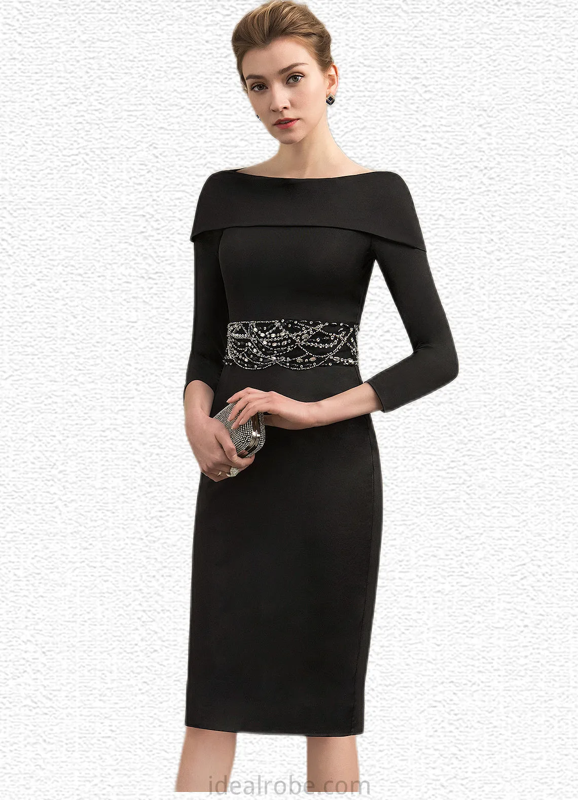 Madalynn Sheath/Column Off-the-Shoulder Knee-Length Jersey Mother of the Bride Dress With Beading Sequins STK126P0014897