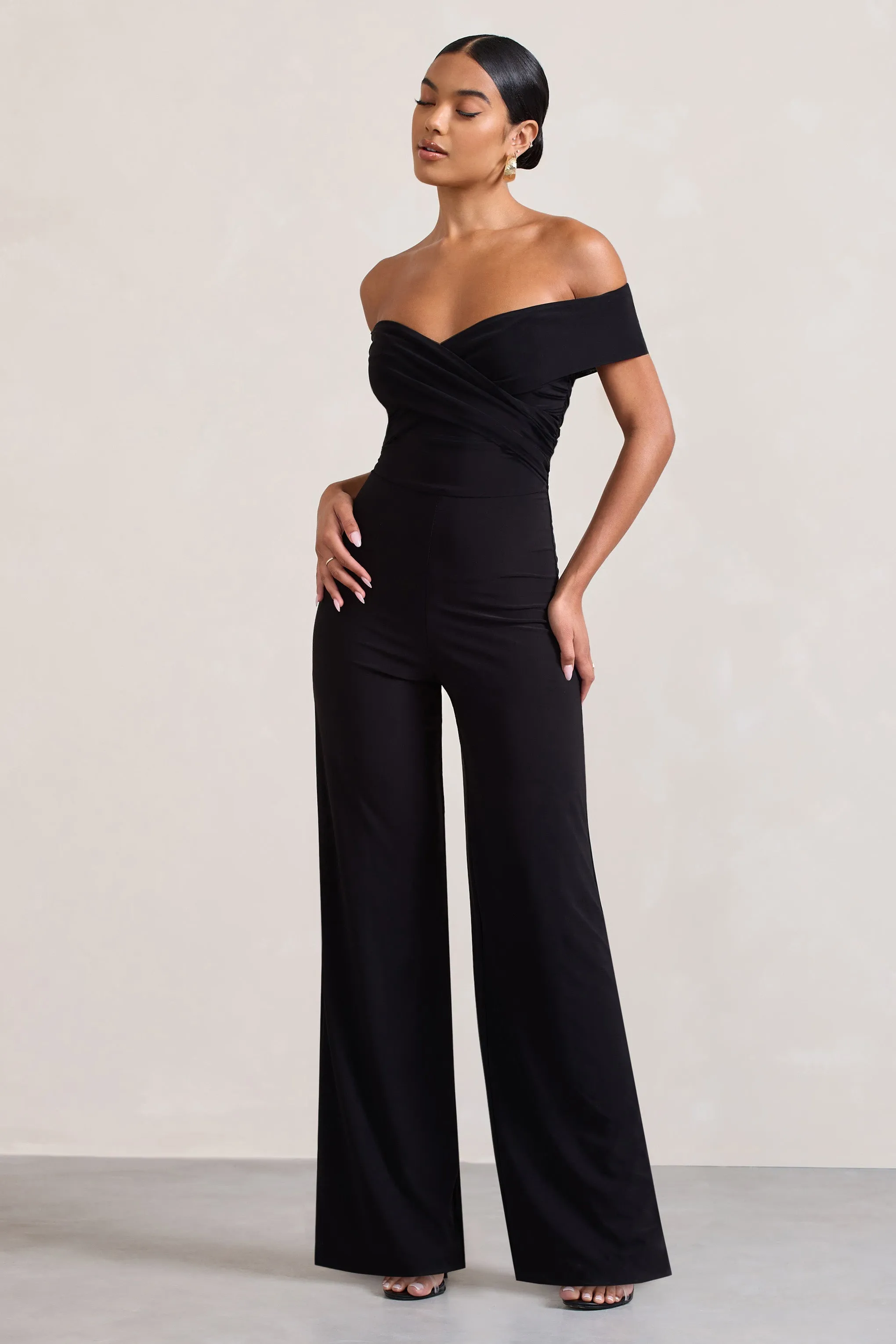 Mandy | Black Off The Shoulder Ruched Jumpsuit