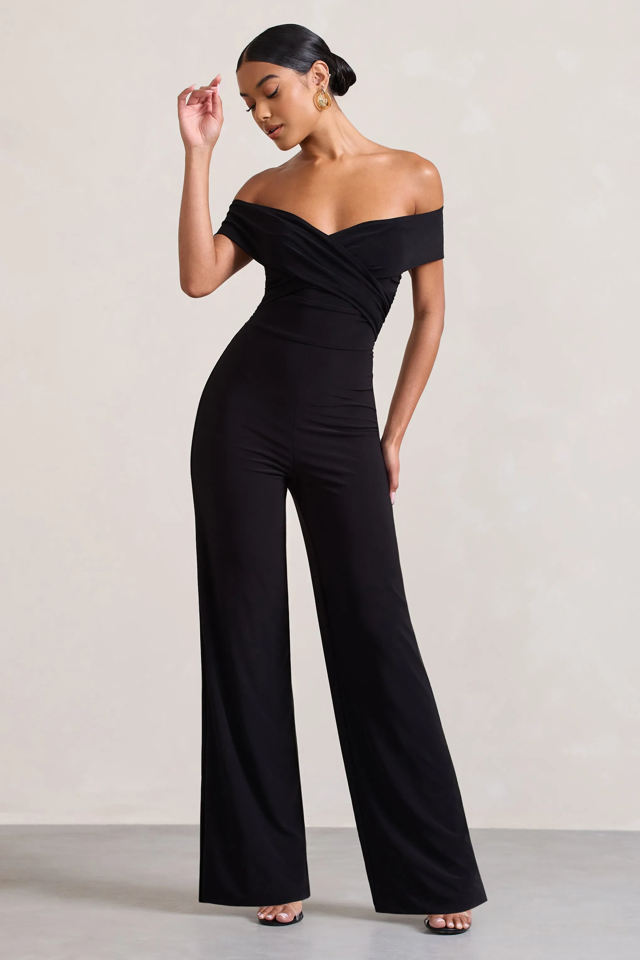 Mandy | Black Off The Shoulder Ruched Jumpsuit