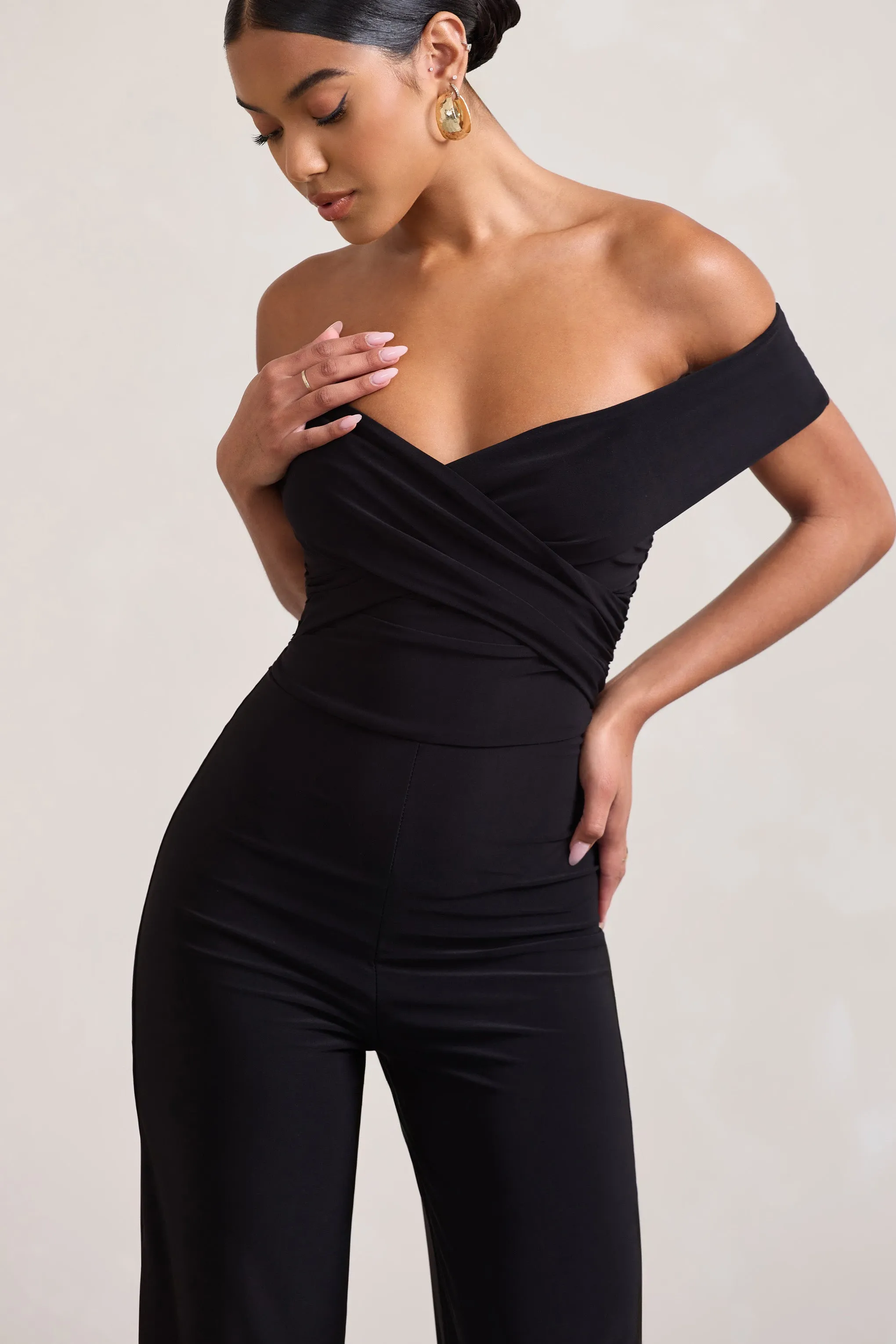 Mandy | Black Off The Shoulder Ruched Jumpsuit