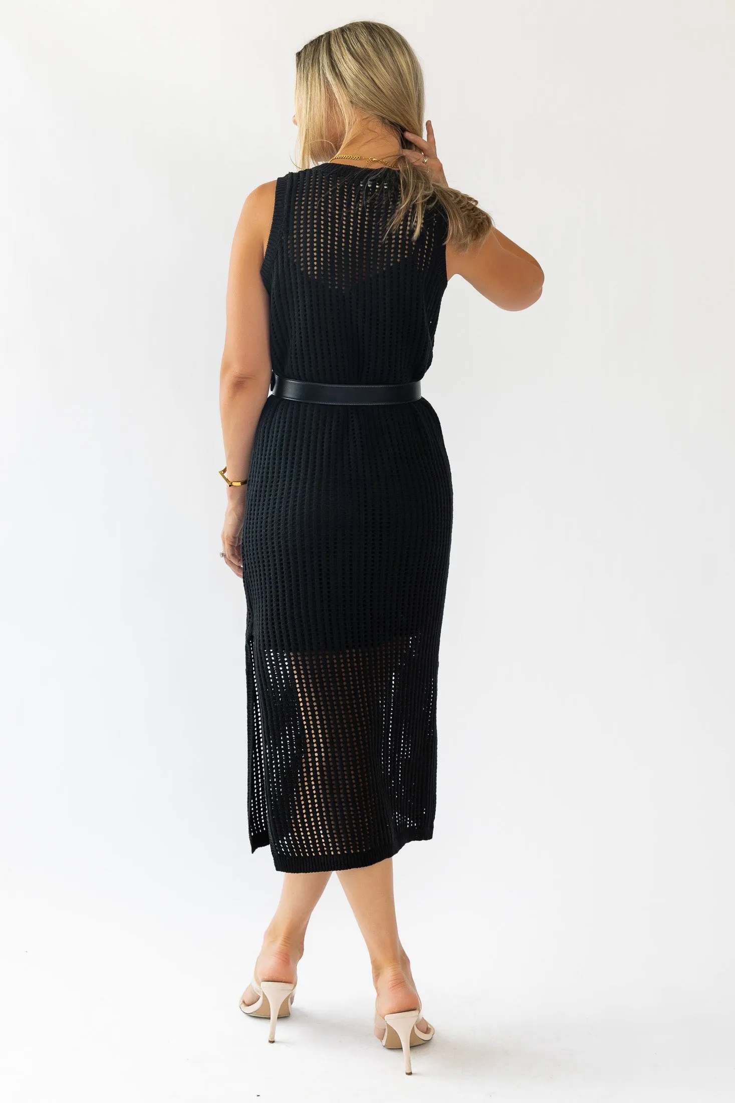 Mattie Black Crochet Knit Midi Dress