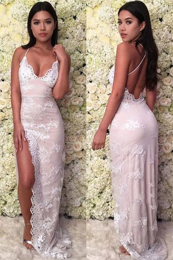 Mermaid Glamorous Spaghetti-Straps Lace Appliques Backless Prom Dresses ER2020