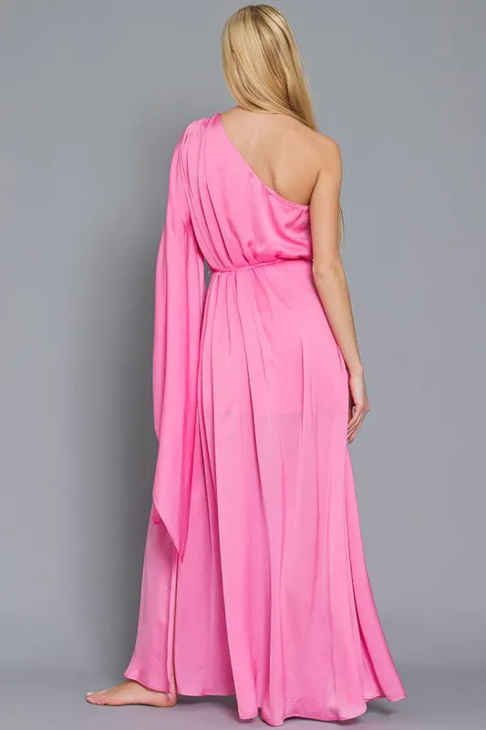 Merope Angel Sleeve One Shoulder Maxi Dress Gown - Pink