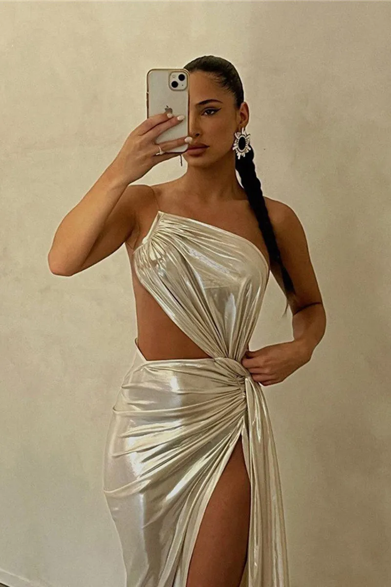 Metallic Cut Out Split Hem Maxi Dress Backless