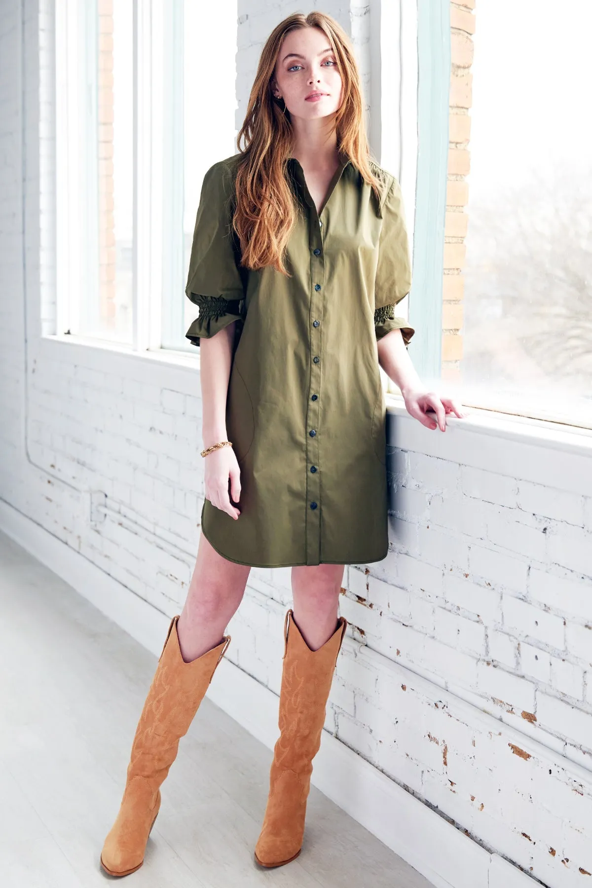 Miller Puff Sleeve Evergreen Shirt Dress Weathercloth